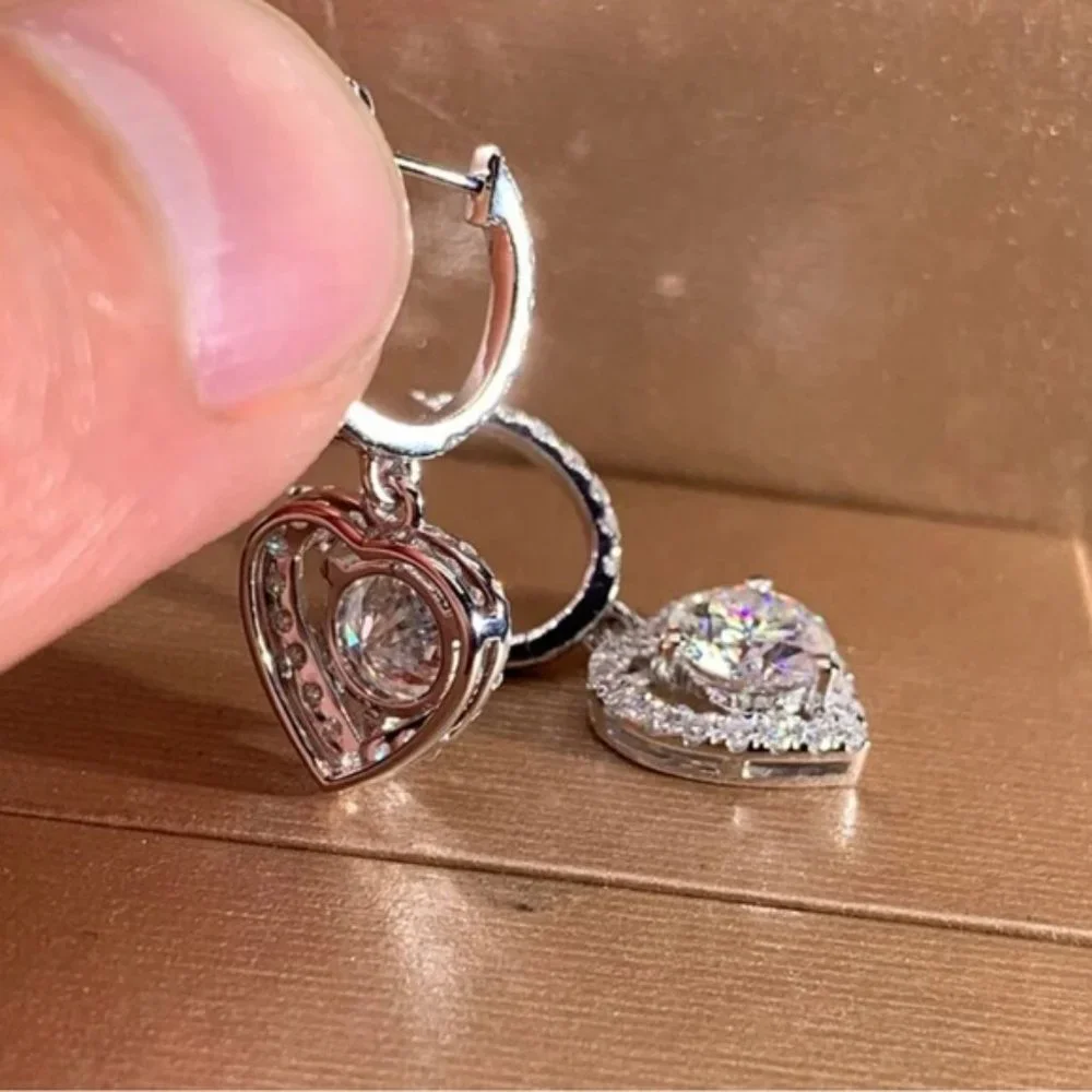 Luxury Heart Dangle Earrings for Wedding Romantic Women Brilliant Fancy Love - Picture 3 of 4